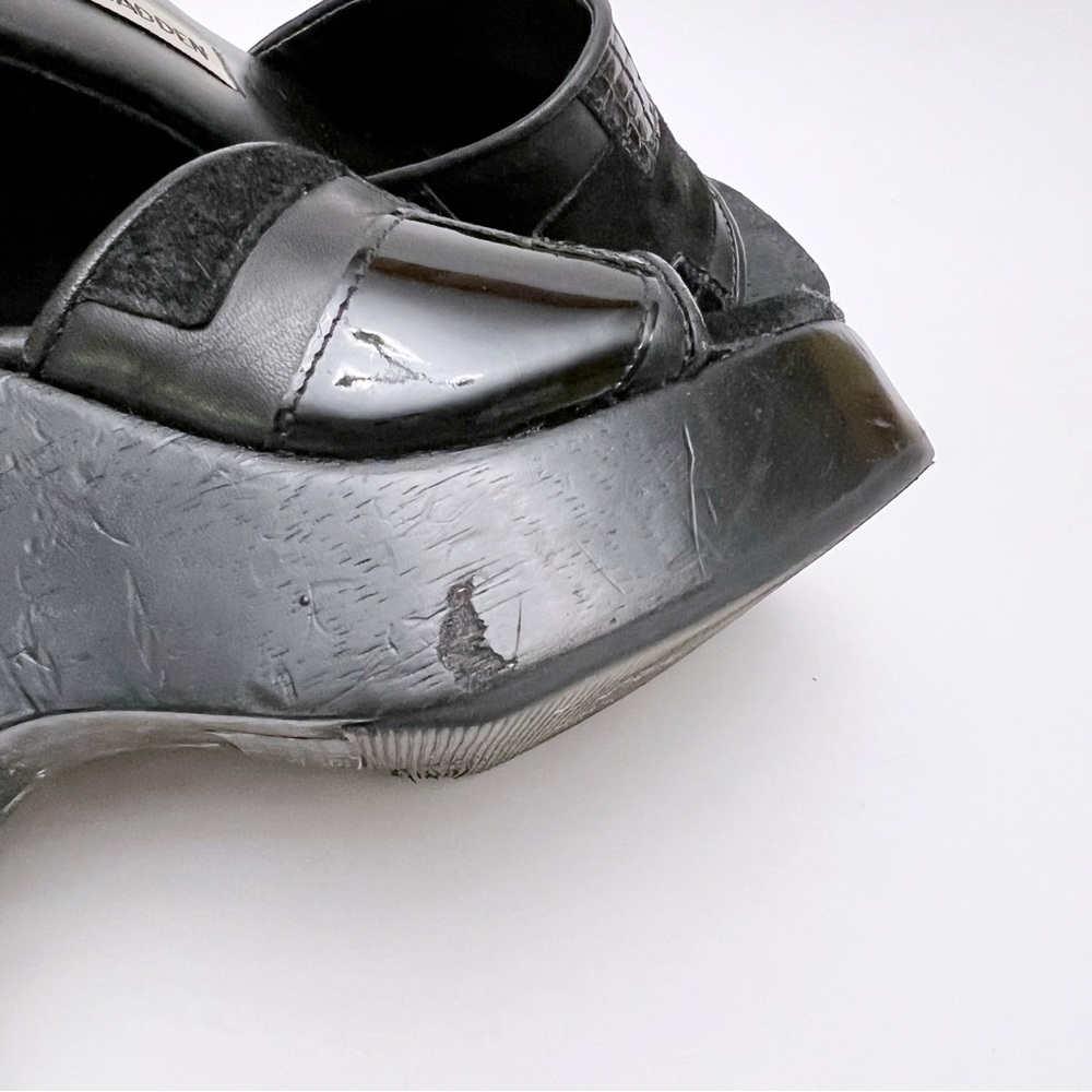 Vintage 90s Y2K Steve Madden Black Patchwork Leather Wood Platform Sandals - Picture 10 of 11